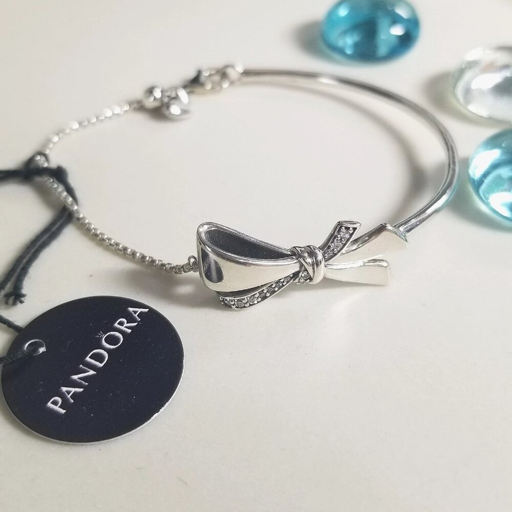 Authentic Pandora Sterling Silver Brilliant Bow Bangle Bolo Bracelet CZ Stones